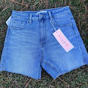 RISEN High Rise Denim Shorts Size M NWT Raw Hem Medium Wash